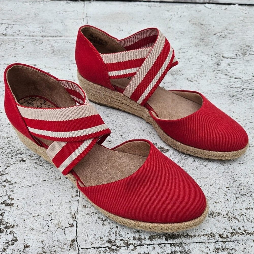 Life Stride Red and Cream Striped Wedge Espadrilles